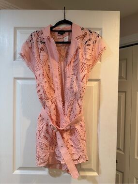 Miss Avenue Pink Crochet Romper with Self Tie Belt